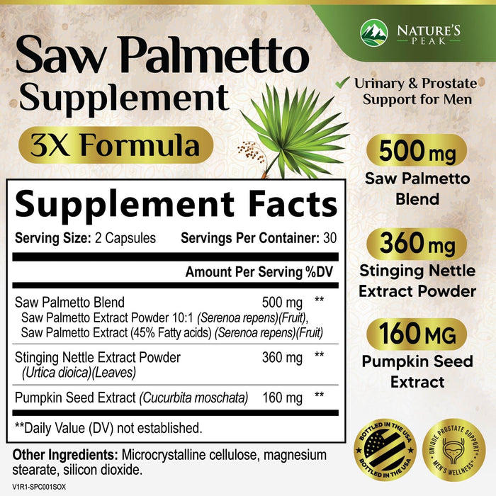 Saw Palmetto for Men Prostate Supplement - Potent 3X Formula with Stinging Nettle + Pumpkin Seed Extract for Men's Health, Herbal Prostate Supplement for Urinary Support, Bottled in USA, 60 Capsules