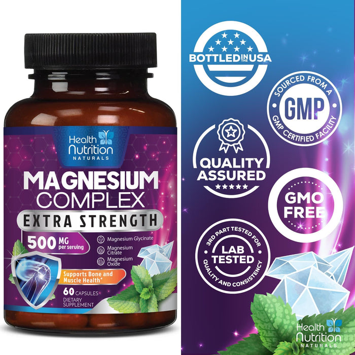 Magnesium Complex Capsules 500 mg with Oxide, Glycinate, Malate, Citrate - High Absorption Complex Chelated Magnesium Mineral Supplements - for Muscle, Bone and Heart Health Support - 60 Capsules