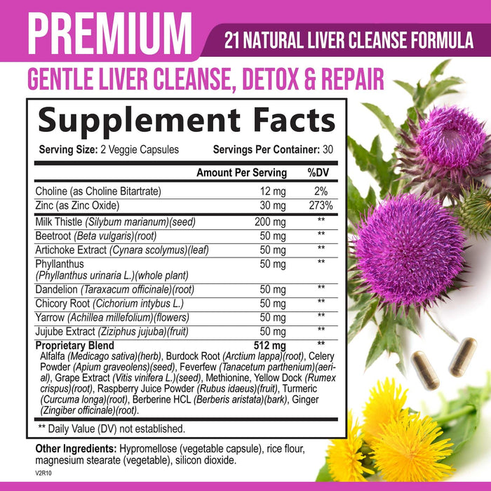 Liver Cleanse Detox & Repair Formula - Herbal Liver Support Supplement with Milk Thistle with Silymarin, Artichoke Extract, Dandelion, Beet, Chicory Root, & Turmeric for Liver Health - 60 Capsules