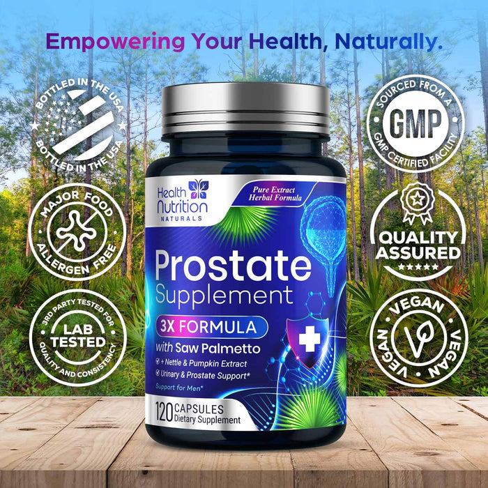Prostate Health Supplements for Men - Potent 3X Formula with Saw Palmetto, Stinging Nettle, Pumpkin Seed Extract, Bottled in USA, Prostate Supplement for Urinary Support, Vegan, Non-GMO, 120 Capsules