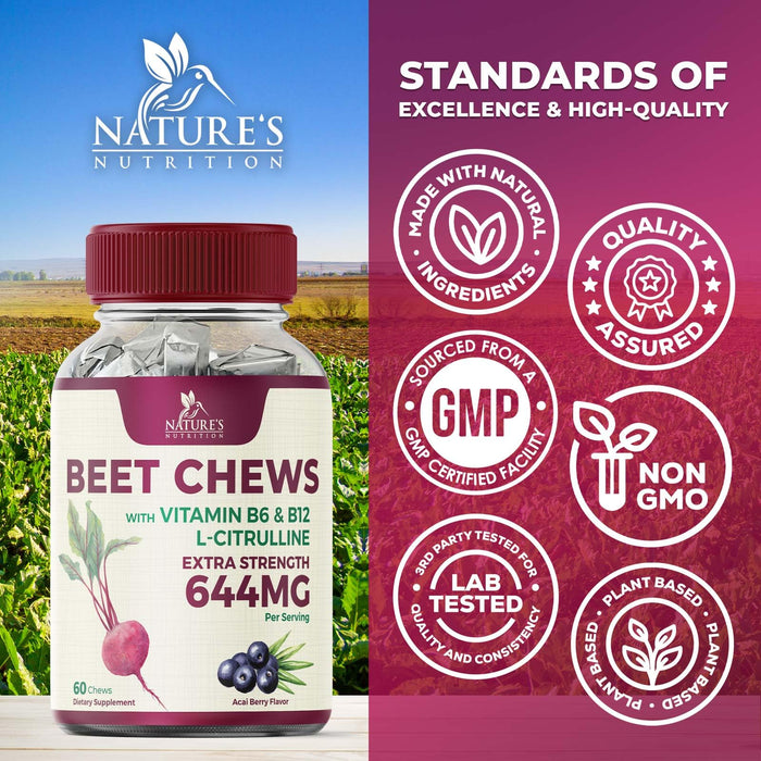Heart Chews - Nitric Oxide & Energy Support with Beet Root Extract & Grape Seed Extract - Natural Non-GMO Beetroot Powder Antioxidant Soft Berry Flavor Chewable Supplement for Women & Men - 60 Count