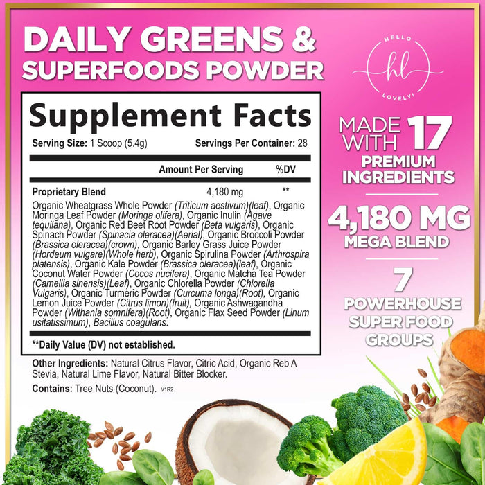 Greens Superfood Powder, Organic Spirulina & Chlorella Greens with Prebiotics & Probiotics, Gut Health & Bloating Support for Women, Green Drink Powder for Digestive & Energy Support - 28 Servings