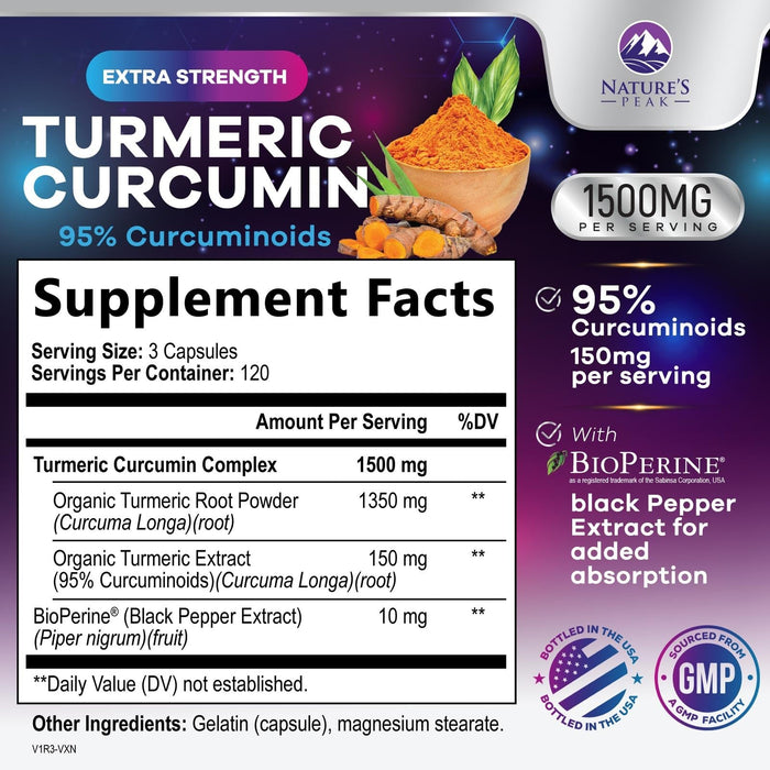 Turmeric Curcumin Supplement with BioPerine 95% Curcuminoids 1500mg with Black Pepper for Best Absorption - Best Natural Vegan Joint Support - Bottled in USA, Non-GMO, Organic Tumeric - 360 Capsules