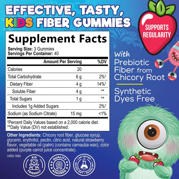 Fiber Gummies for Kids, Daily 4g Gummy Fiber Supplement, Prebiotic Digestive Health Support - Nature's Plant Based Soluble Fiber, Supports Regularity & Digestion for Kids Non-GMO - 120 Gummies