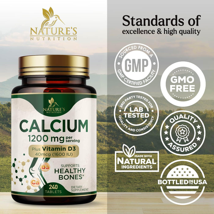 Calcium 1200 mg with Vitamin D3, Calcium Supplement Vitamins, Supports Bone Strength, Teeth & Immune System, Calcium Supplements for Women & Men, Nature's Absorbable Calcium Carbonate - 240 Tablets