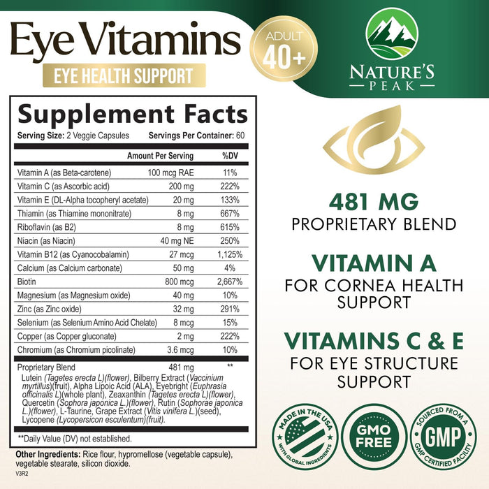 Eye Vitamins & Mineral Supplement - Contains Zinc, Copper, Lutein, & Zeaxanthin, Supports Dry Eye Strain, Vision Health for Adults, Non-GMO, Vegan Eye Care Pills & Minerals Supplements - 120 Capsules
