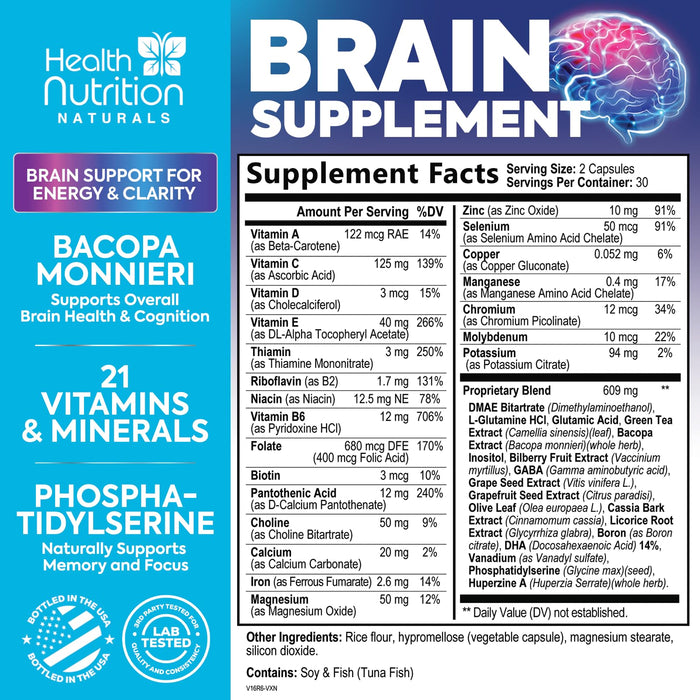 Brain Supplements for Memory and Focus - Extra Strength Nootropic Capsules for Concentration, Alertness, Cognitive Support - Phosphatidylserine, Brain Health Vitamins B6 C E Zinc - 60 Capsules