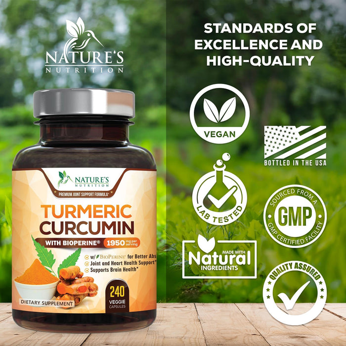 Turmeric Curcumin Supplement 1950mg - 95% Curcuminoids with Organic Turmeric & BioPerine Black Pepper Extract for Best Absorption, Nature's Vegan Joint Support, Non-GMO, Bottled in USA - 240 Capsules