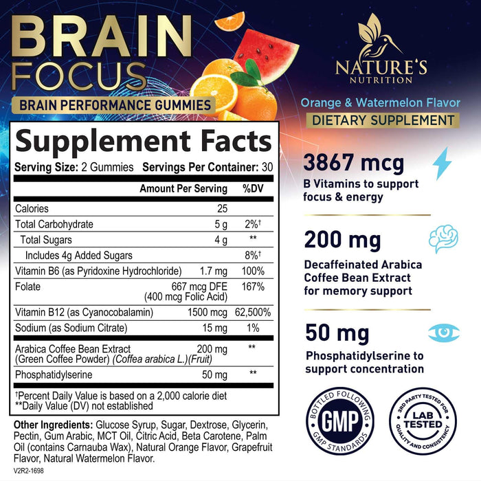 Brain Supplements for Memory and Focus with Phosphatidylserine, Nootropic Memory Supplement Gummy for Brain Health, Concentration, Mental & Cognitive Support, Focus Vitamins with B6 & B12-60 Gummies