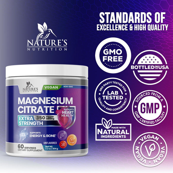 Magnesium Supplement Citrate Vegan Calm Magnesium Powder, High Strength Absorption Drink Mix Supplements to Support Natural Muscle Health, Gluten Free, Non-GMO & Bottled in USA - 7.2 oz - 60 Servings