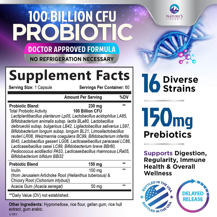 Probiotics 100 Billion CFU Supplement - 16 Strains + Natural Prebiotics - Digestive Health, Gut & Immune Support for Women & Men - Supports Occasional Constipation, Gas & Bloating - 60 Capsules
