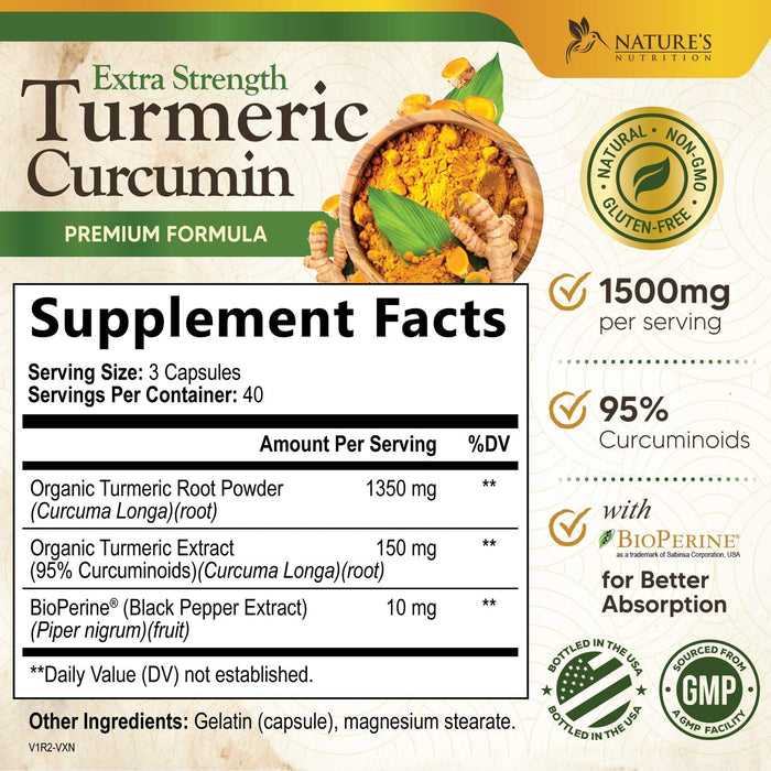 Turmeric Curcumin Supplement 1500mg - Organic Tumeric & BioPerine Black Pepper for Best Absorption with 95% Curcuminoids, Nature's Joint & Immune Support, Non-GMO, Bottled in USA - 120 Capsules