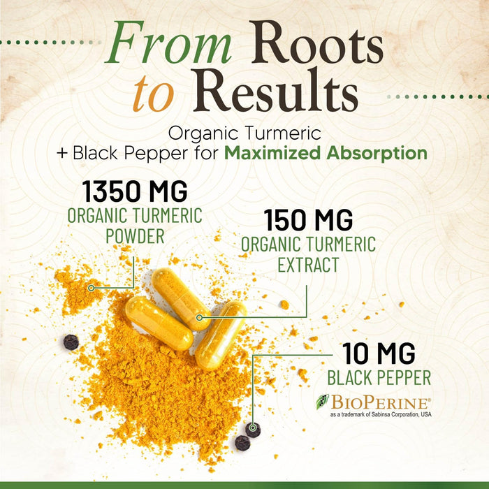 Turmeric Curcumin Supplement 1500mg - Organic Tumeric & BioPerine Black Pepper for Best Absorption with 95% Curcuminoids, Nature's Joint & Immune Support, Non-GMO, Bottled in USA - 120 Capsules