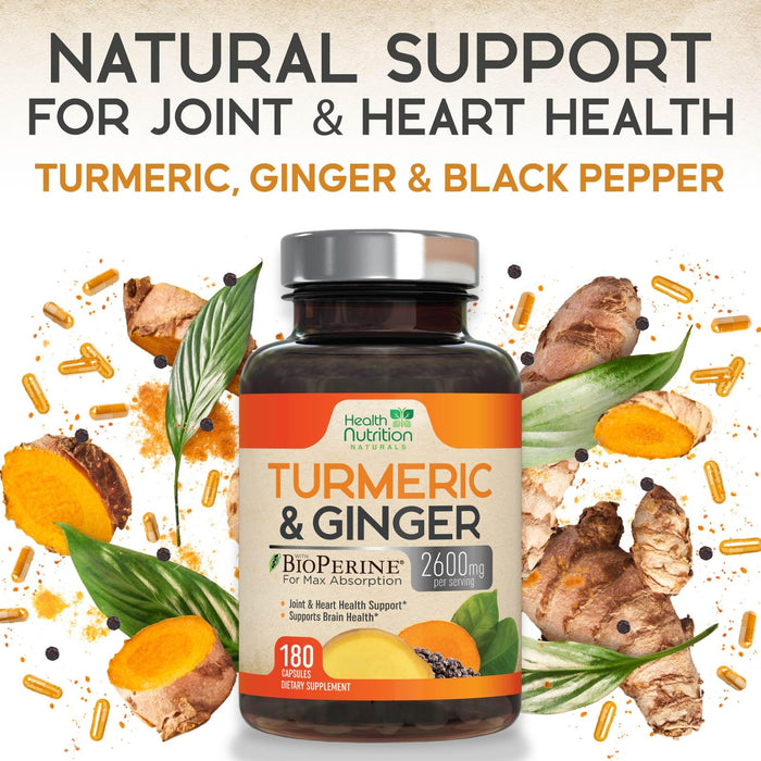 Turmeric Curcumin Supplement 2600mg - with Organic Ginger & Turmeric, 95% Curcuminoids, BioPerine Black Pepper for Best Absorption, Nature's Vegan Joint Support, Non-GMO, Bottled in USA - 180 Capsules