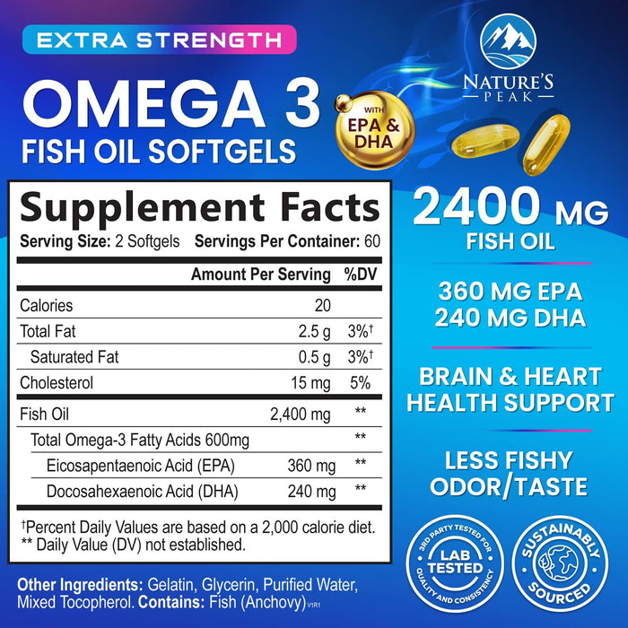 Omega 3 Fish Oil 2400 mg Supplement, Sustainably Sourced, Triple Strength Omega-3 Supplement Softgels, Brain Health Support, EPA & DHA Fish Oil Fatty Acids Supplements, Gluten & GMO Free, 120 Softgels