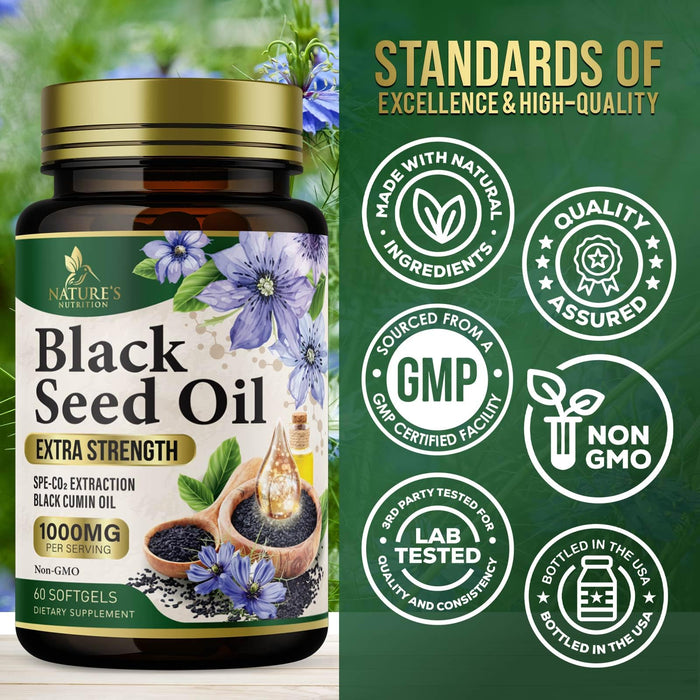 Black Seed Oil Softgels 1000mg - Premium Nigella Sativa Blackseed, Pure Natural Black Cumin Seed Oil & Antioxidant for Skin & Immune Support - Non GMO, Bottled in USA Supplement - 60 Softgels