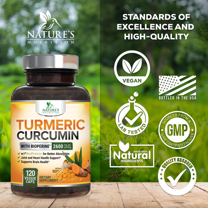 Turmeric Curcumin Supplement with BioPerine 95% Curcuminoids 2600mg with Black Pepper for Best Absorption, Bottled in USA, Best Natural Vegan Joint Support, Nature's Non-GMO Tumeric - 120 Capsules