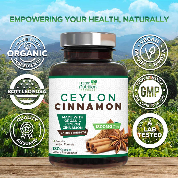 Ceylon Cinnamon Capsules 1800mg - Certified Organic Ceylon Cinnamon Powder Supplement, Bottled in USA, Extra Strength Energy & Heart Support Pills, Non-GMO & Gluten Free, Sugar Free - 180 Capsules