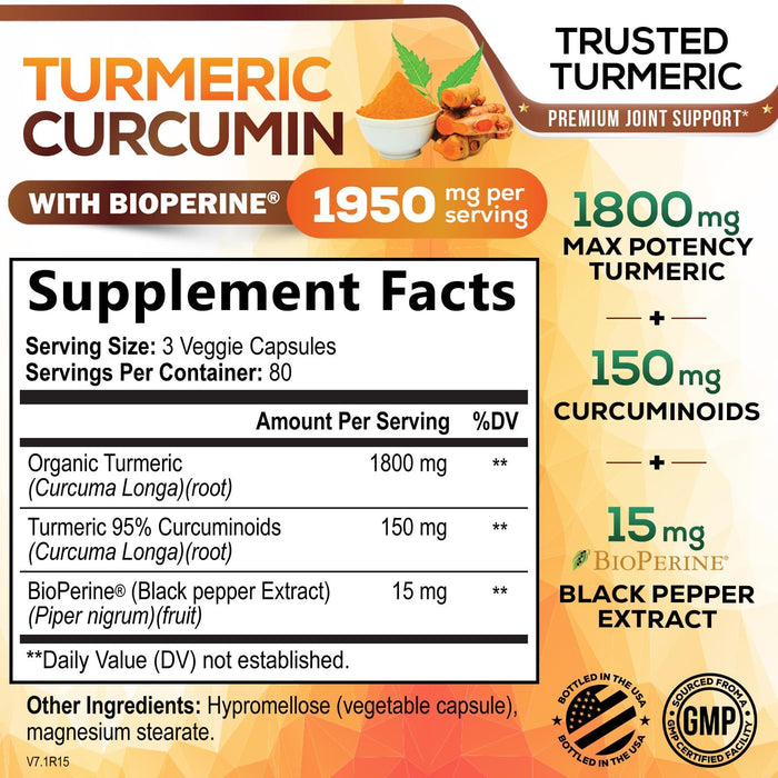 Turmeric Curcumin Supplement 1950mg - 95% Curcuminoids with Organic Turmeric & BioPerine Black Pepper Extract for Best Absorption, Nature's Vegan Joint Support, Non-GMO, Bottled in USA - 240 Capsules