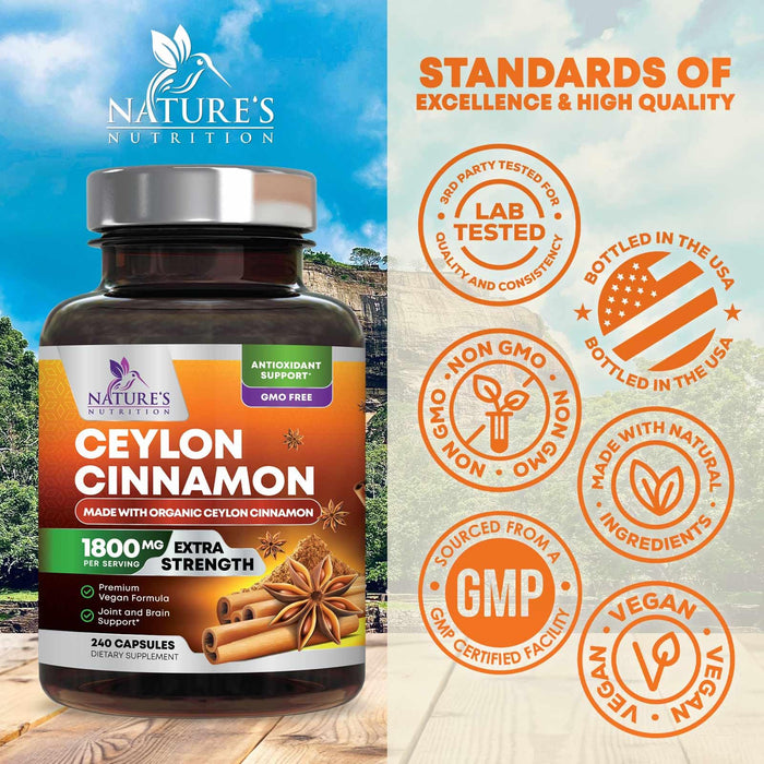 Organic Ceylon Cinnamon Supplement 1800mg - Certified Organic Ceylon Cinnamon Powder Pills - Energy & Heart Support for Women & Men, Bottled in USA, Antioxidant, Gluten Free, Non-GMO - 240 Capsules