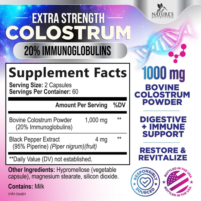 Colostrum For Women Supplement 1000mg 20% Immunoglobulins for Muscle, Skin & Hair Support - Gut Health Digestive & Immune Support - Bovine Colostrum Powder - Gluten Free & Unflavored - 120 Capsules
