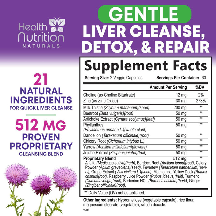 Gentle Liver Cleanse Detox & Repair Formula - Herbal Liver Support Supplement: Milk Thistle with Silymarin, Artichoke Extract, Dandelion, Beet, Chicory Root, & Turmeric for Liver Health - 120 Capsules