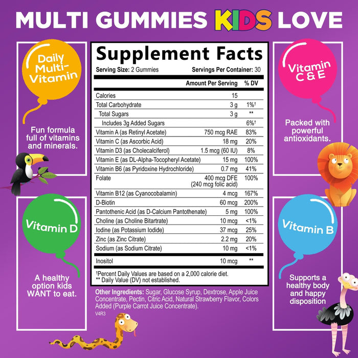 Multivitamin for Kids Gummies with Vitamin C, D3 & Zinc for Children's Immune Support - Chewable, Daily Kids Multi Vitamin Gummy, Non-GMO, Gluten Free, Natural Strawberry Flavor - 60 Gummies