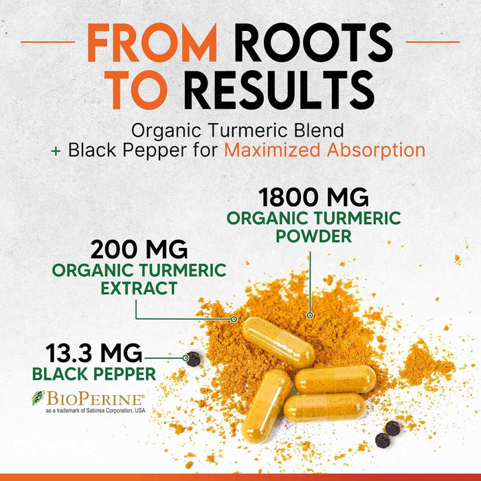 Turmeric Curcumin Supplement 2000mg - Nature's Joint & Immune Support, Organic Tumeric & BioPerine Black Pepper for Best Absorption with 95% Curcuminoids, Non-GMO, Bottled USA - 240 Count