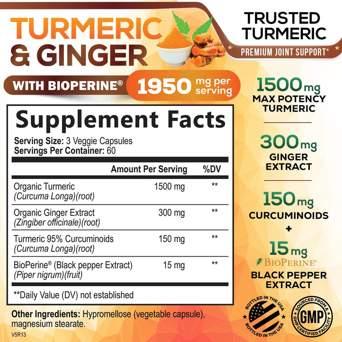Turmeric Curcumin Supplement 1950mg - 95% Curcuminoids with Organic Turmeric & Ginger, BioPerine Black Pepper for Best Absorption, Nature's Vegan Joint Support, Non-GMO, Bottled in USA - 180 Capsules