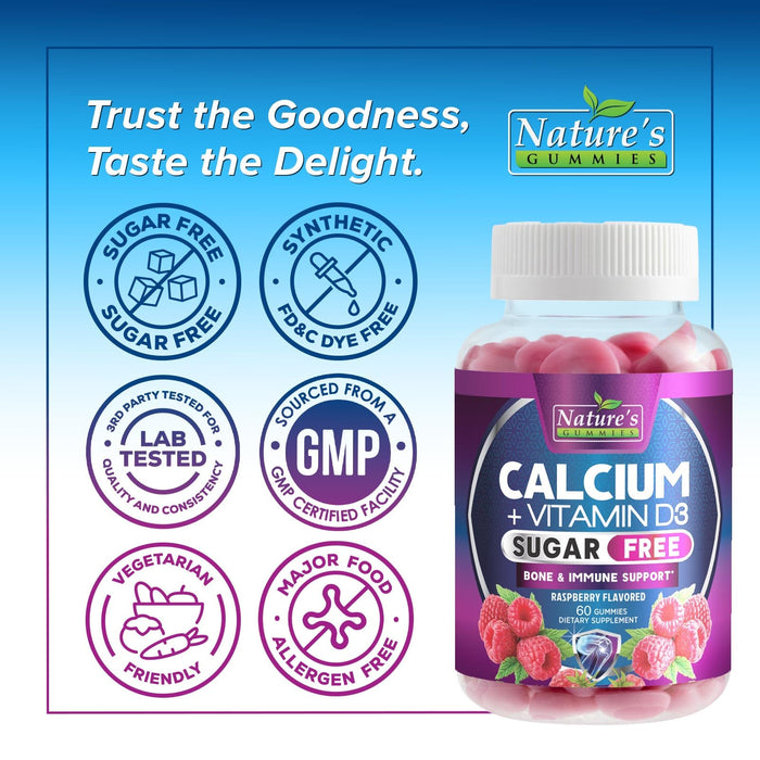Sugar Free Chewable Calcium Gummy Vitamins - Plus 400 IU Vitamin D3 for Bone, Teeth, & Immune Health Support - Calcium Supplements for Women & Men Daily, Non-GMO, Berry Flavored - 60 Gummies