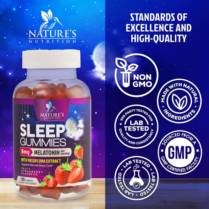 Melatonin Sleep Gummies - 8 mg Melatonin Extra Strength with 20mg Passiflora Sleeping Gummy Supplements, Sleep Gummies for Adults, Occasional Sleeping Support Supplement, Non-Habit Forming - 120 Count