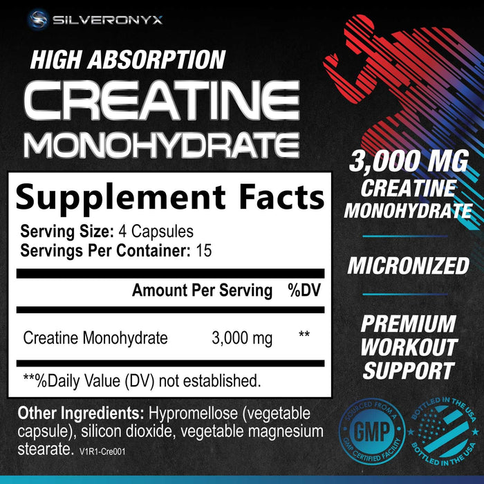 Creatine Monohydrate Capsules 3000mg - Micronized Creatine Nutritional Supplement - Lean Muscle Growth, Workout Performance, Energy & Endurance Support - 750mg per High Absorption Capsule - 60 Count