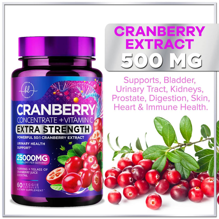 Cranberry Supplement 25,000mg Formula + Vitamin C – Urinary Tract Health Support for Women & Men, 50:1 Whole Fruit Cranberry Extract Pills for Women, Sugar-Free, Non-GMO, Gluten-Free - 60 Capsules