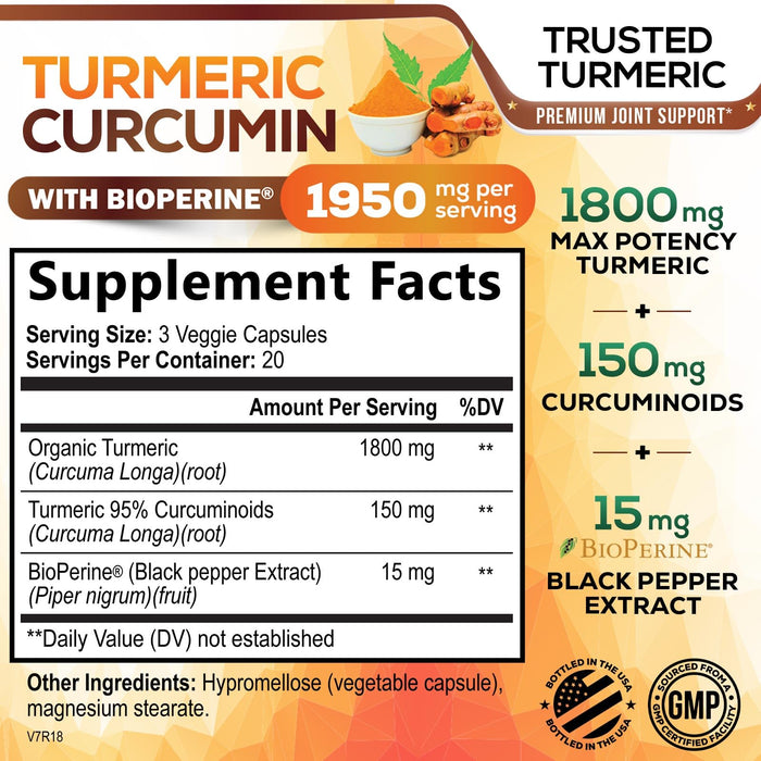Turmeric Curcumin Supplement 1950mg - 95% Curcuminoids with Organic Turmeric & BioPerine Black Pepper Extract for Best Absorption, Nature's Vegan Joint Support, Non-GMO, Bottled in USA - 60 Capsules