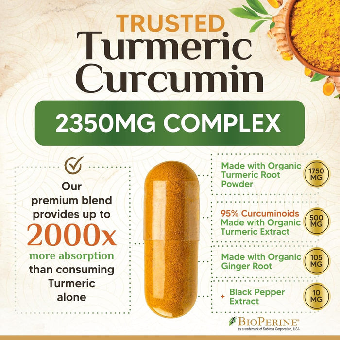 Turmeric Curcumin Supplement 1750mg with Organic Turmeric & Ginger, 95% Curcuminoids, BioPerine Black Pepper for Best Absorption, Nature's Vegan Joint Support, Non-GMO, Bottled in USA - 240 Capsules