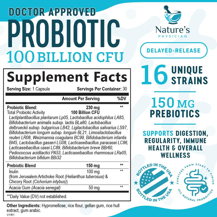 Nature's Physician Probiotics - 100 Billion CFU - 16 Strains + Prebiotics - Best Probiotic Supplement for Women & Men - Supports Immune, Digestive Health, Occasional Constipation & Gas - 30 Capsules