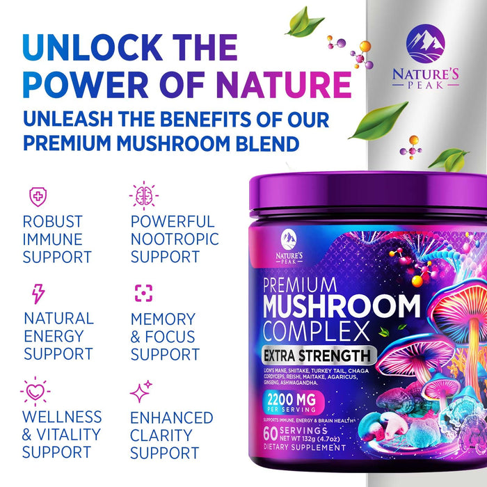 Brain Mushroom Powder - Mushroom Extract Powder, 11 in 1 Complex Mushroom Supplement with Organic Lions Mane, Reishi, Cordyceps, Chaga, Turkey Tail, Maitake for Energy & Immune Support - 60 Servings