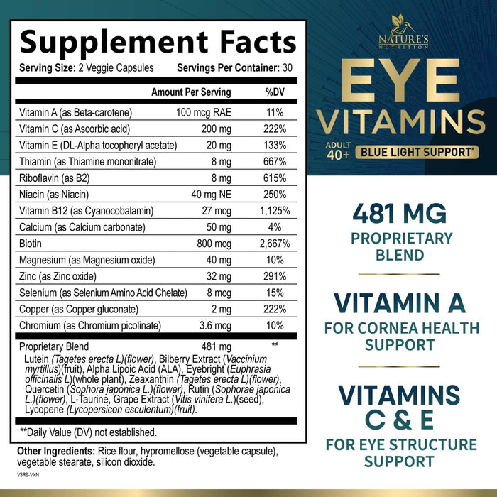 Eye Vitamins & Mineral Supplement - Contains Lutein, Zinc, Vitamins C, E & Zeaxanthin - Supports Eye Strain, Vision Macular Health & Dry Eyes for Seniors with Lycopene, Gluten Free - 60 Capsules