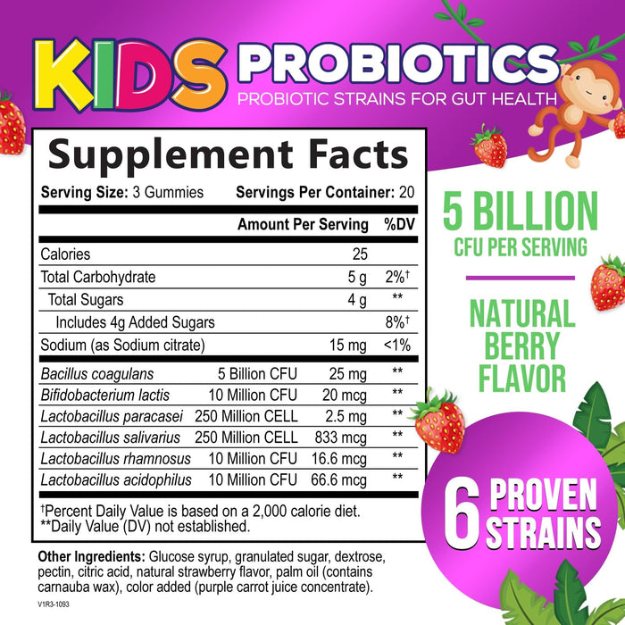 Probiotics for Kids Digestive Health - 5 Billion CFU - Natural Immune Support Supplement - Daily Children's Probiotic Gummy for Ages 4+ Vegan, Gluten, Soy & Dairy Free - Berry Flavored - 60 Gummies