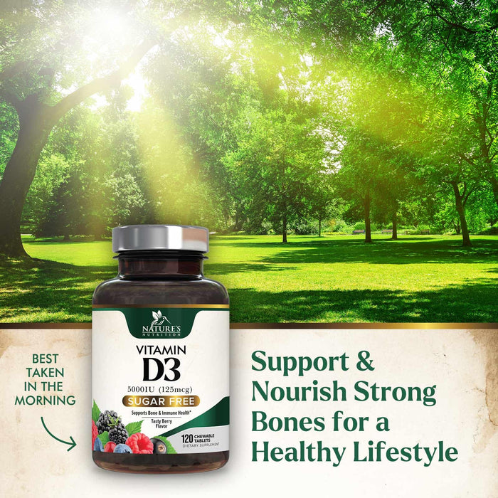 Vitamin D3 5000 IU (125 mcg) Nature's Extra Strength Vitamin D Supplement Chewable for Immune Support Health - Bone, Teeth and Muscle Supplements - Sugar Free, Non-GMO, Gluten Free - 120 Count Tablets