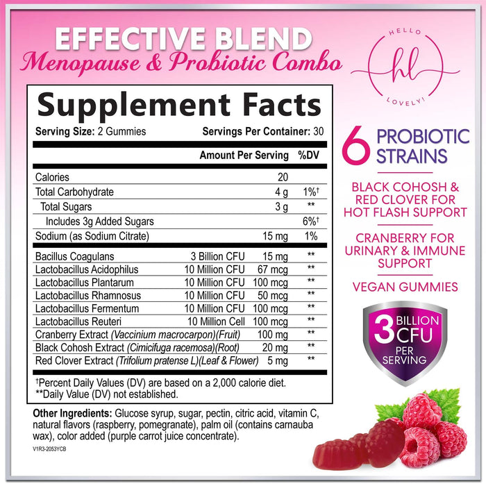 Menopause for Women Gummies with Black Cohosh Cranberry 3 Billion CFU Probiotics – 60 Gummies