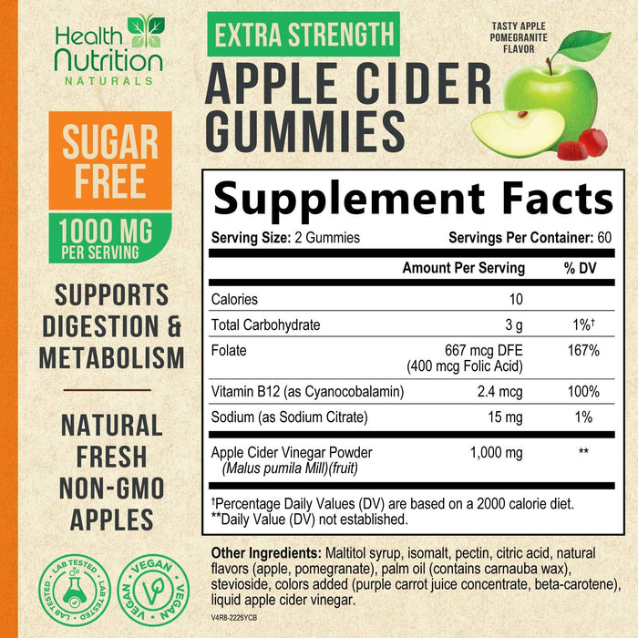 Apple Cider Vinegar Gummies - Sugar Free ACV Gummy Vitamins, Max Strength 1000mg, Supports Metabolism & Energy, Keto Friendly, Vitamin B12, Gelatin-Free, Gluten-Free, Vegan & Non-GMO - 120 Gummies