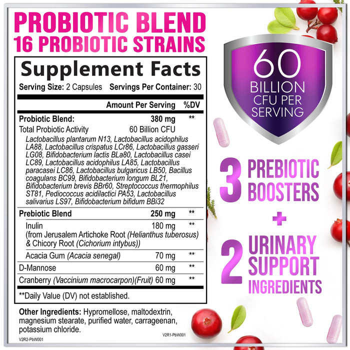 Probiotics for Women - 60 Billion CFU & 16 Strains for pH Balance, Vaginal & Digestive Support, Women's Probiotic with Cranberry for Gut Health, Urinary & Immune Support, Shelf Stable - 60 Capsules