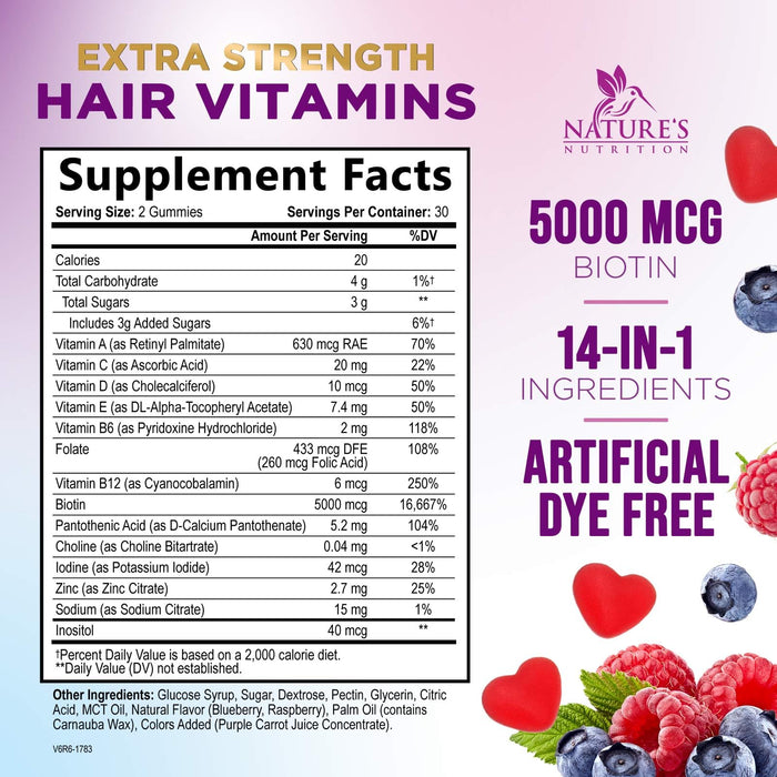 Hair Vitamins Gummies with Biotin 5000 mcg - Stronger, Radiant Hair, Skin & Nails Supplement - Vitamin E & C, Hair Growth Support Vitamin for Women & Men, Non-GMO & Gluten Free - 60 Gummies