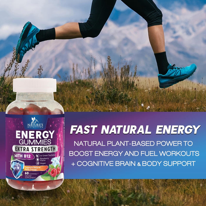Energy Gummies 1000 mcg Vitamin B12, Green Tea Natural Caffeine Support, Daily Energy Gummies Vitamins, Delicious Berry Flavor B12 Chewable Exercise Supplement for Running Cycling & Sports - 60 Chews
