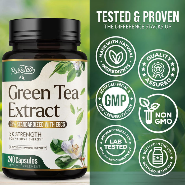 Green Tea Extract Capsules 1000mg with 98% Standardized Polyphenols & 45% EGCG for Heart Support with Antioxidants - 3X Absorption Green Tea Pills for Natural Energy, Gentle Caffeine - 240 Capsules