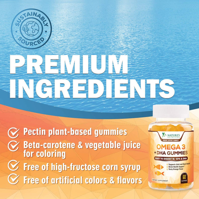 Omega 3 Fish Oil Gummies, Heart Healthy Omega 3 Gummy Supplement with High Absorption DHA & EPA, Extra Strength Joint & Brain Support, Delicious Orange Flavor Fish Oil Nature's Vitamin - 60 Gummies
