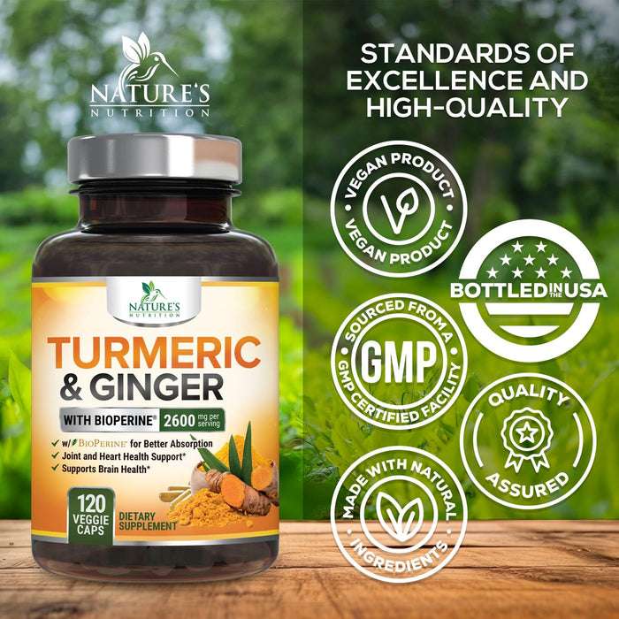 Turmeric Curcumin Supplement 2600mg with Organic Ginger & Turmeric, BioPerine Black Pepper Extract 95% Curcuminoids - Advanced Absorption Joint & Antioxidant Extra Strength Support - 120 Capsules