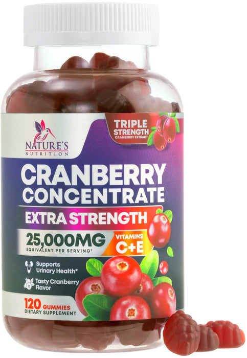Cranberry Gummies 50:1 Cranberry Extract - Urinary Tract Support Made with 25,000mg, Helps Cleanse & Protect, Cran Berry Gummy Supplement + Vitamin C, Chewable Cran Pills for Women - 120 Gummies
