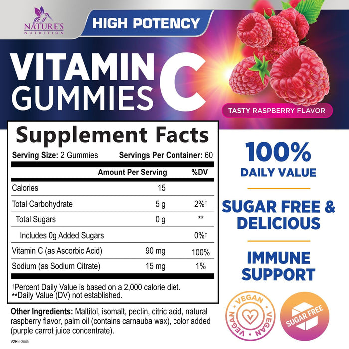 Zero Sugar Vitamin C Gummies - Immune Support & Antioxidant VitaminC Dietary Supplement - Vegan, Non-GMO, Dairy & Gluten Free C Vitamin Gummy - Raspberry Flavor for Kids & Adults - 120 Count Gummies